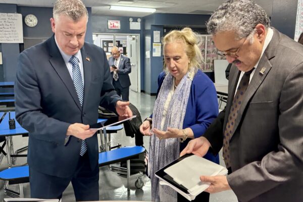 iPad Donation Mickey Mantle School_Gale Brewer Mike Nieves John McCormick at table